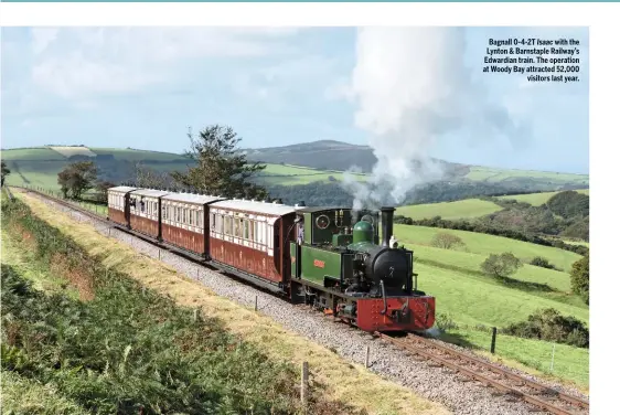  ??  ?? Bagnall 0‑4‑2T Isaac with the Lynton & Barnstaple Railway’s Edwardian train. The operation at Woody Bay attracted 52,000 visitors last year.