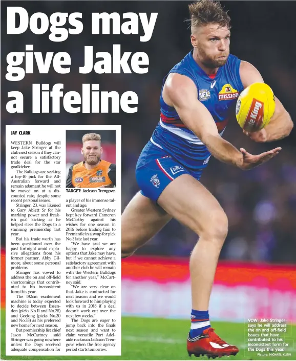  ?? Picture: MICHAEL KLEIN ?? TARGET: Jackson Trengove. VOW: Jake Stringer says he will address the on and off-field issues that have contribute­d to his inconsiste­nt form for the Dogs this year.