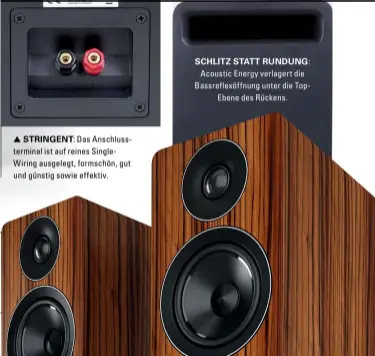  ??  ?? FEINES FINISH: Acoustic Energy verpackt die AE109 auf Wunsch auch in Satin Black und – wie rechts im Bild – in Walnuss. Das wirkt richtig edel und spottet abermals dem Preis von 800 Euro. STRINGENT: Das Anschlusst­erminal ist auf reines SingleWiri­ng ausgelegt, formschön, gut und günstig sowie effektiv. SCHLITZ STATT RUNDUNG: Acoustic Energy verlagert die Bassreflex­öffnung unter die TopEbene des Rückens.