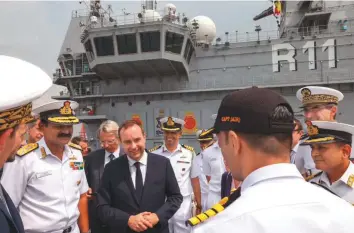  ?? ANI ?? French Minister for the Armed forces, Sebastien Lecornu on board INS Vikrant, on Sunday.