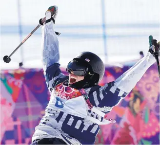  ?? ANDY WONG/ASSOCIATED PRESS ?? U.S. slopestyle skier Gus Kenworthy celebrates after a run at the Sochi Olympics that earned him a silver medal. The following year, he came out as gay and has become a strong LGBT voice.