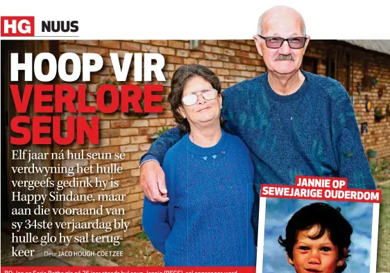  ??  ?? BO: Jan en Sarie Botha glo ná 26 jaar steeds hul seun, Jannie (REGS), sal opgespoor word nadat hy in 1992 onverklaar­baar verdwyn het. JANNIE OP SEWEJARIGE OUDERDOM