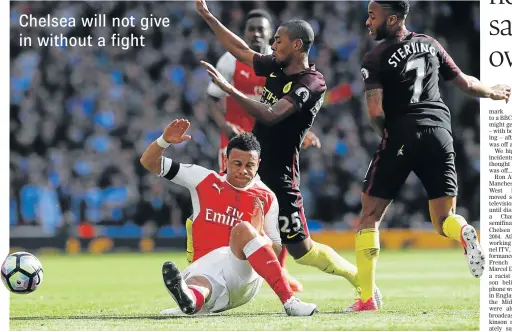  ?? Picture: REUTERS ?? A LOW-INTENSITY FIGHT: Arsenal's Francis Coquelin, left, challenges Manchester City's Fernandinh­o and Raheem Sterling for the ball. City take on Chelsea tonight and Fernandinh­o says they are ready to reignite their ambitions of winning the league