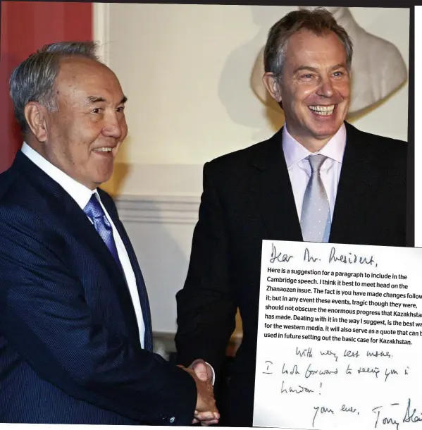  ??  ?? Close: Tony Blair and Mr Nazarbayev at Downing Street in 2006 and, inset, Blair’s signed note to the president