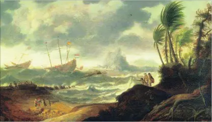  ?? PICTURE: JOSEPH GUTTMANN ?? A painting of Dutch trade ship De Haarlem running aground in Table Bay in 1647, based on an earlier sketch.