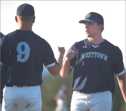  ?? PETE BANNAN — MEDIANEWS GROUP ?? Westtown pitcher Andrew Hoff (9) relieves Pat McDonough in the fourth inning of American Legion baseball Friday evening at Downingtow­n East. The two combined for a three-hit shoutout as Westtown blanked Lionville.