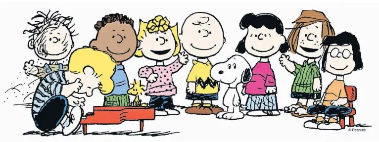  ?? FOTO: PEANUTS WORLDWIDE LLC/DPA ?? „Die Peanuts“: Rerun Van Pelt (hinten, v.l.), Franklin, Sally und Charlie Brown, Snoopy, Lucy Van Pelt, Peppermint Patty, Marcie, Schroeder am Klavier und Vogel Woodstock.