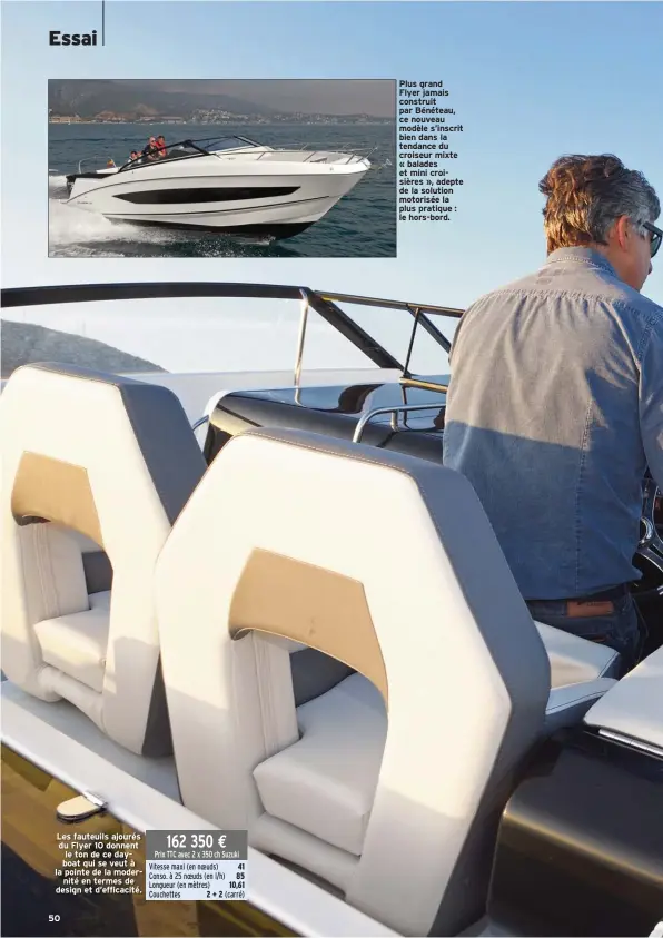  ??  ?? Les fauteuils ajourés du Flyer 10 donnent le ton de ce dayboat qui se veut à la pointe de la modernité en termes de design et d’efficacité.
Plus grand Flyer jamais construit par Bénéteau, ce nouveau modèle s’inscrit bien dans la tendance du croiseur mixte « balades et mini croisières », adepte de la solution motorisée la plus pratique : le hors-bord.