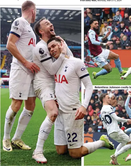  ?? ?? Relentless: Johnson coolly b
Double act: goalscorer Johnson is grabbed by a beaming Maddison (above left), who put Spurs on the