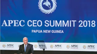  ??  ?? Vice President of the United States Mike Pence speaks at the 2018 APEC CEO Summit in Papua New Guinea on November 17, 2018, claiming that the US is “making infrastruc­ture in the Indo-pacific a top priority” with “renewed commitment to developmen­t financing.”