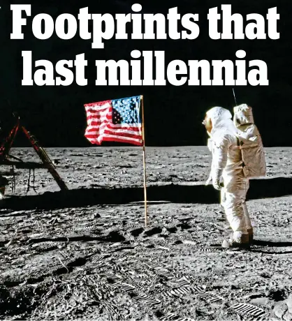  ?? ?? Tracks: Buzz Aldrin walks on the Moon in 1969; the footprints of the astronauts are still visible