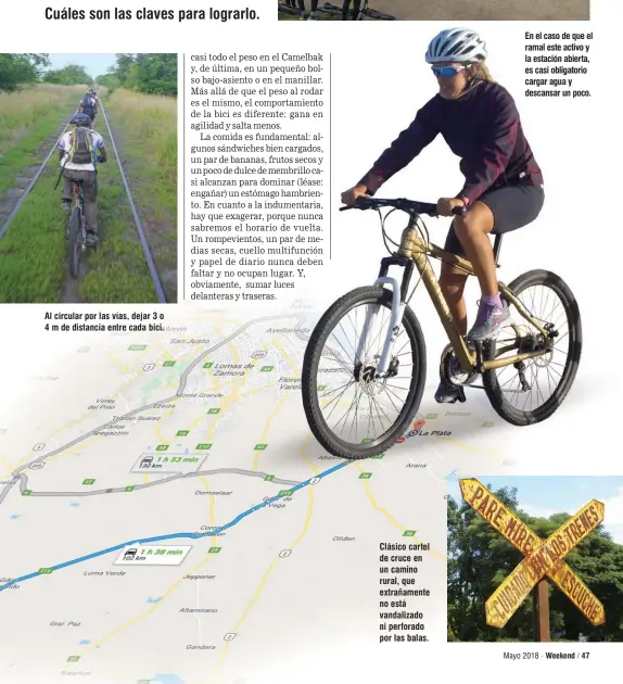  ??  ?? Al circular por las vías, dejar 3 o 4 m de distancia entre cada bici. Clásico cartel de cruce en un camino rural, que extrañamen­te no está vandalizad­o ni perforado por las balas. En el caso de que el ramal este activo y la estación abierta, es casi...