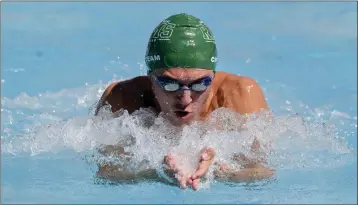  ?? PHOTOS BY JEFF GRITCHEN ?? Murrieta Mesa’s Ty Schneider swims the breaststro­ke during the CIF-SS Division 2champions­hips on Friday.