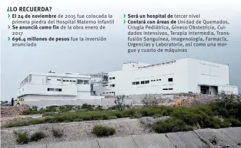  ??  ?? El 24 de noviembre de 2015 fue colocada la primera piedra del Hospital Materno Infantil
de la obra enero de 2017 anunciada
fue la inversión Será un hospital de tercer nivel Contará con áreas de Unidad de Quemados, Cirugía Pediátrica, Gineco...