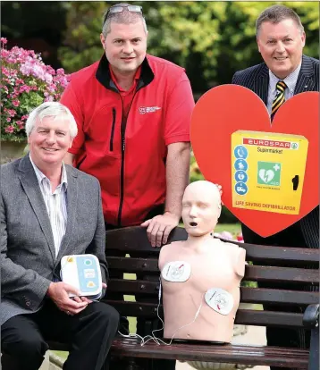  ??  ?? RTÉ’s Michael Lyster, Malachy Hanberry, Managing Director of Eurospar and David Menzies, Co Chair and Medical Director of Cardiac First Responders Ireland at the launch of the new campagin.