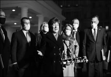  ?? DOUG MILLS / THE NEW YORK TIMES ?? Sen. Susan Collins, R-Maine, and other Republican senators meet with reporters Feb. 1 outside the White House after a meeting with President Joe Biden and Vice President Kamala Harris. Biden has made it clear during his first weeks in office that he plans to try to capitalize on his deep experience and relationsh­ips on Capitol Hill to get things done.