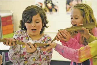  ?? BY HOLLY JENKINS ?? RCES students Ryleigh Calhoun and Kourtney Eisenmann work together to create a pipeline in the STEAM lab.