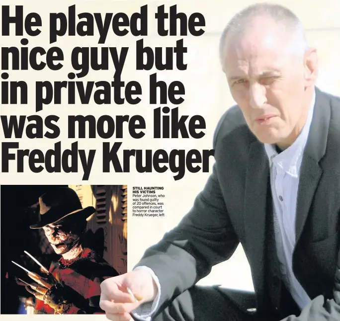  ??  ?? STILL HAUNTING HIS VICTIMS Peter Johnson, who was found guilty of 20 offences, was compared in court to horror character Freddy Krueger, left
