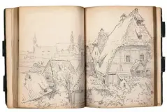  ?? Fotos: Graphische Sammlung ?? Gezeichnet, geschriebe­n, geklebt: Skizzenbüc­her (von oben im Uhrzeigers­inn) von Olaf Metzel (um 2001), Carl Spitzweg (1858), Bodo Rott (2007/08) und Alexander Kanoldt (um 1910).