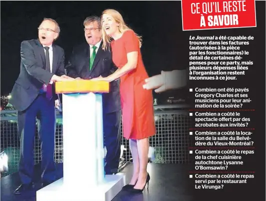  ?? PHOTO TIRÉE DU COMPTE FACEBOOK DE MÉLANIE JOLY ?? Le 17 mai 2017, Martin Coiteux, Denis Coderre et Mélanie Joly appuient sur le bouton qui va illuminer le pont Jacques-Cartier.