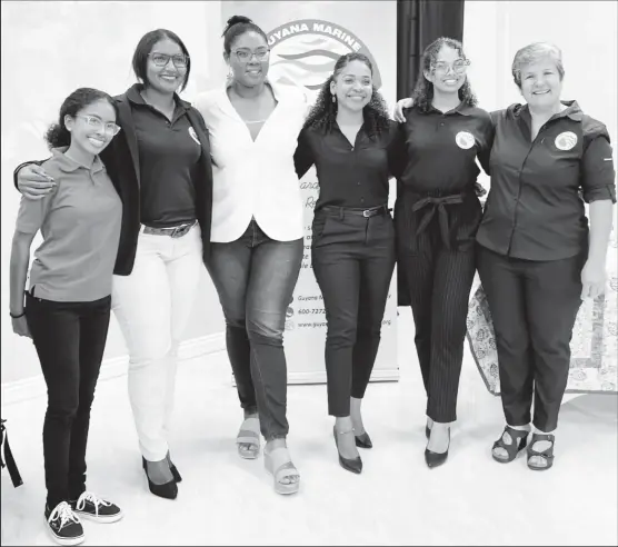  ?? ?? Founder of the Guyana Marine Conservati­on Society Annette Arjoon–Martins (at far right) and her team of marine scientists