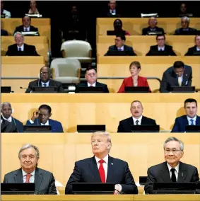  ?? AP/EVAN VUCCI ?? President Donald Trump waits Monday before the beginning of the “Reforming the United Nations: Management, Security, and Developmen­t” meeting during the United Nations General Assembly at U.N. headquarte­rs.