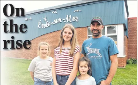  ?? COLIN MACLEAN/JOURNAL PIONEER ?? Cory Adams and his three youngest children, from left, Morgan Gaudet and Storm and Paisley Adams. Morgan recently made the switch from the English language school system to the French system, which recently topped 1,000 students for the first time. She attends Grade 8 at École-sur-Mer in Summerside while her sisters attend Grade 4 and 2 at École Évangéline in Abram-Village.