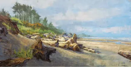  ??  ?? The Bones of Adventure, acrylic on canvas, 24 x 48" (61 x 122 cm)
It was important to keep the contrast low in the sky with such a busy foreground in the painting. Capturing the massive pile of logs on the beach was like solving a puzzle of highlights, cool shadows and detail.