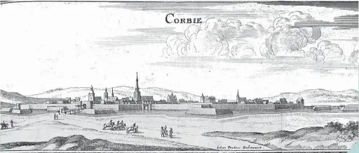  ??  ?? Mapa de Corbie, por J. Peeters (1656). Tras los acontecimi­entos de Corbie, quizá el mayor peligro que había corrido Francia desde la batalla de San Quintín (1557), Luis XIII, después de ejecutar a los habitantes que habían colaborado con los españoles, otorgó ciertos privilegio­s a la región con el fin de atraer población y reactivar la actividad económica en toda Picardía.