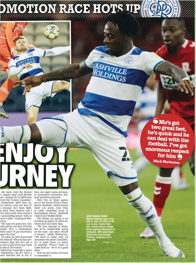  ?? PICTURE: Alamy ?? STRETCHING POINT:
Moses Odubajo has a big role to play for QPR in the run-in and, insets from left, Jimmy Dunne heads home against Blackpool in midweek, QPR boss Mark Warburton and George Thomas competes for a high ball