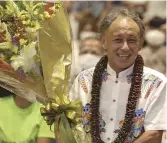  ?? The Yomiuri Shimbun ?? Okinawa Gov. Denny Tamaki celebrates his reelection in Naha on Sept 11.