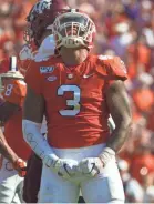  ?? JOSHUA S. KELLY/USA TODAY SPORTS ?? Clemson’s Xavier Thomas celebrates after sacking Texas A&M’s Kellen Mond.