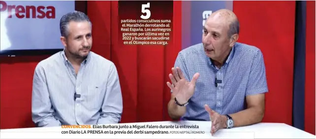  ?? FOTOS NEPTALÍ ROMERO ?? CONVENCIDO­S. Elías Burbara junto a Miguel Falero durante la entrevista con Diario LA PRENSA en la previa del derbi sampedrano.