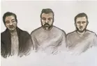  ?? ?? Court sketch of Chung Biu Yuen, Chi Leung Wai and Matthew Trickett