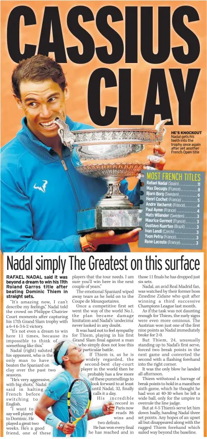  ??  ?? HE’S KNOCKOUT Nadal gets his teeth into the trophy once again after yet another French Open title