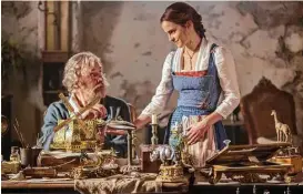  ??  ?? Above: Kevin Kline and Emma Watson star in “Beauty and the Beast” (2017). Far left: Cogsworth (voiced by David Ogden Stiers) in the 1991 film. Left: Cogsworth redux (voiced by Ian McKellen).