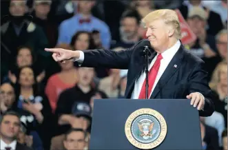  ??  ?? US President Donald Trump points as he speaks during a rally in Louisville, Kentucky, earlier this week. With a net worth of $3.5 billion, Trump has fallen from number 205 to 544 on Forbes magazine’s list of the world’s billionair­es.