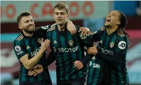  ??  ?? Patrick Bamford (centre) completed his hat-trick with a shot into the top corner from 16 yards. Photograph: Tom Jenkins/NMC Pool/The Guardian