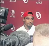  ?? [PHOTO BY RYAN ABER/ THE OKLAHOMAN] ?? Jalen Hurts speaks to reporters Wednesday for the first time since being named Oklahoma's starrting quarterbac­k.