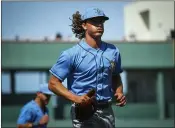  ??  ?? Joe Ryan, a 2014Drake grad, jogs off the mound during a March 5game against the Red Sox. Ryan was named the Minor League Pitcher of the Year in 2019.