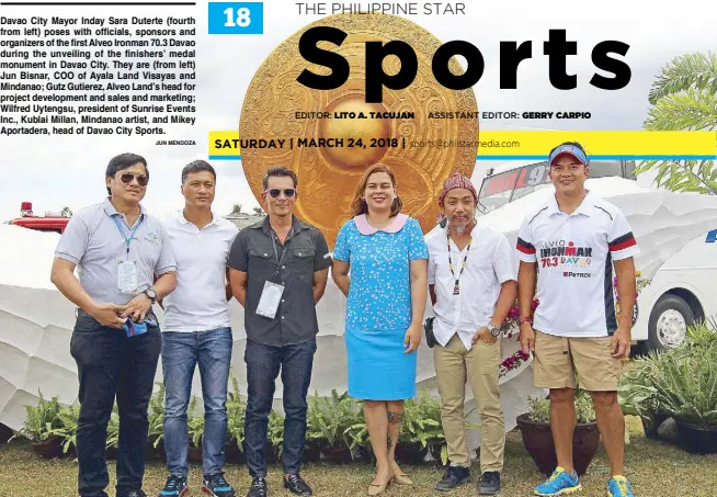  ?? JUN MENDOZA ?? Davao City Mayor Inday Sara Duterte (fourth from left) poses with officials, sponsors and organizers of the first Alveo Ironman 70.3 Davao during the unveiling of the finishers’ medal monument in Davao City. They are (from left) Jun Bisnar, COO of...