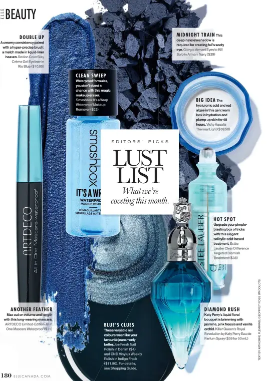  ??  ?? DOUBLE UP
A creamy consistenc­y paired with a hyper-precise brush: a match made in liquid-liner heaven. Revlon ColorStay Crème Gel Eyeliner in
Rio Blue ($10.95)
Max out on volume and length with this long-wearing mascara. ARTDECO Limited-Edition All...