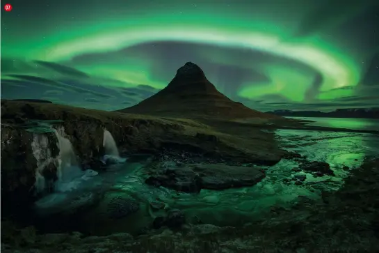  ??  ?? 07 aurora over kirkjufell Kirkjufell in Iceland. David used a headtorch to paint light on the foreground lens Canon EF 24mm f/1.4l II USM exposure 30 secs, f/2.8, ISO800 07