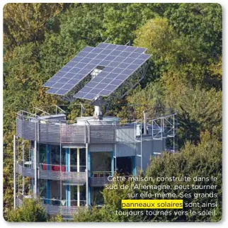  ??  ?? Cette maison, construite dans le sud de l’Allemagne, peut tourner sur elle-même. Ses grands panneaux solaires sont ainsi toujours tournés vers le soleil.