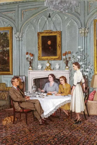  ?? National Portrait Gallery, London ?? Sir James Gunn’s intimate and relaxed “Conversati­on piece at the Royal Lodge, Windsor,” shows King George VI and his family partaking of a most British pastime, drinking tea, in 1950. The women are, left to right, Queen Elizabeth (the Queen Mother), Princess Elizabeth and Princess Margaret.