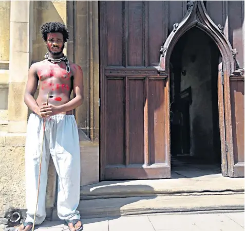  ??  ?? Protester Femi Nylander, above; the library at All Souls College, top left; slave owner Christophe­r Codrington, inset