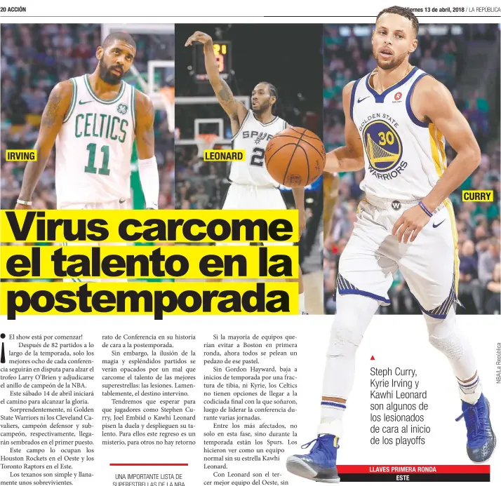  ??  ?? Steph Curry, Kyrie Irving y Kawhi Leonard son algunos de los lesionados de cara al inicio de los playoffs
CURRY
IRVING
LEONARD