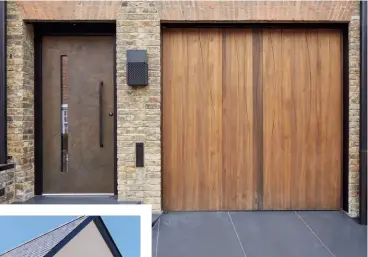  ??  ?? Above: The contrast between the front entrance and garage doors, both supplied by Urban Front, shows how surface texture can be used to make a design statement. The Erano e80 hinged doorset is priced from £15,000. Made from fumed oak with a Wavi pattern finish, the up-and-over automated garage entrance starts at £18,000