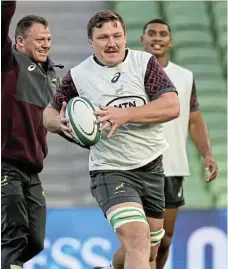  ?? /Ben Brady/ BackpagePi­x ?? Having a ball: Jasper Wiese, who will start against Italy on Saturday, enjoys a training session with Springbok teammates Deon Fourie, left, and Damian Willemse, background.