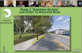  ?? SCREENSHOT OF ONLINE MEETING ?? Traffic engineer Mark Bickerton of Pennoni & Associates shows Lansdale’s borough council a concept for upgrades along “Phase 2” of the borough’s planned East Main Street streetscap­e project, including new sidewalks, decorative lights and drainage inlets along Main east of Line Street along the frontage of Memorial Park.